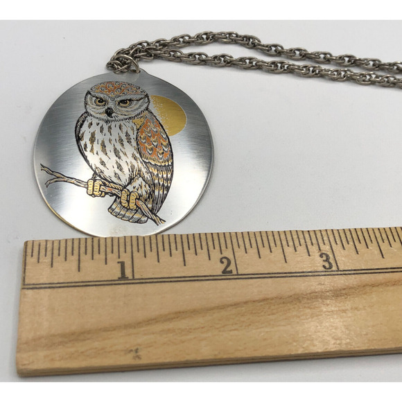 Reed & Barton Necklace 24" Damascene Owl Moon Etched Metal Silver Tone Pendant - Picture 7 of 8